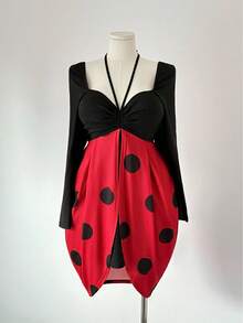 Sunspun Große Größen Marienkäfer Polka Punkt Patchwork Kontrast Farbige Taille Raffung Kleid - Schwarz - Übersicht 5