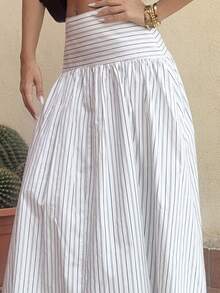 Ronhire 夏季休闲通勤条纹高腰半身裙 - 黑與白 - 查看 3