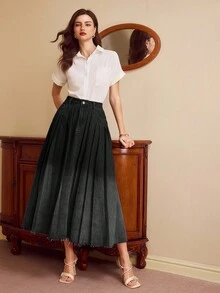 Vintamour 复古优雅女式牛仔裙，带口袋，褶皱休闲通勤度假夏季女式裙子，女式牛仔裙，夏季度假服，女式牛仔裙，女式牛仔裙，西部装，女式度假，女式工作服，女式乡村音乐会生日 - 黑色 - 查看 5