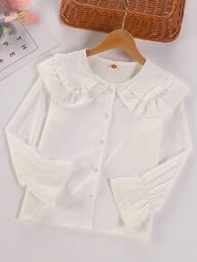 Tween Girl Eyelet Embroidered Trim Statement Collar Flounce Sleeve Blouse - White - View 7