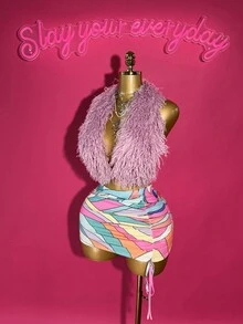 Slaydiva 2025 Summer New Arrival Halter Fuzzy Crop Top & Colorblock Striped Print Asymmetric Hem Skirt 2 Pieces Set, Suitable For Birthday Party, Banquet, Campus Style, Daily Wear, Cruise Travel, Fashionable, Elegant, Commuting, Business Casual - Multicolor - View 6