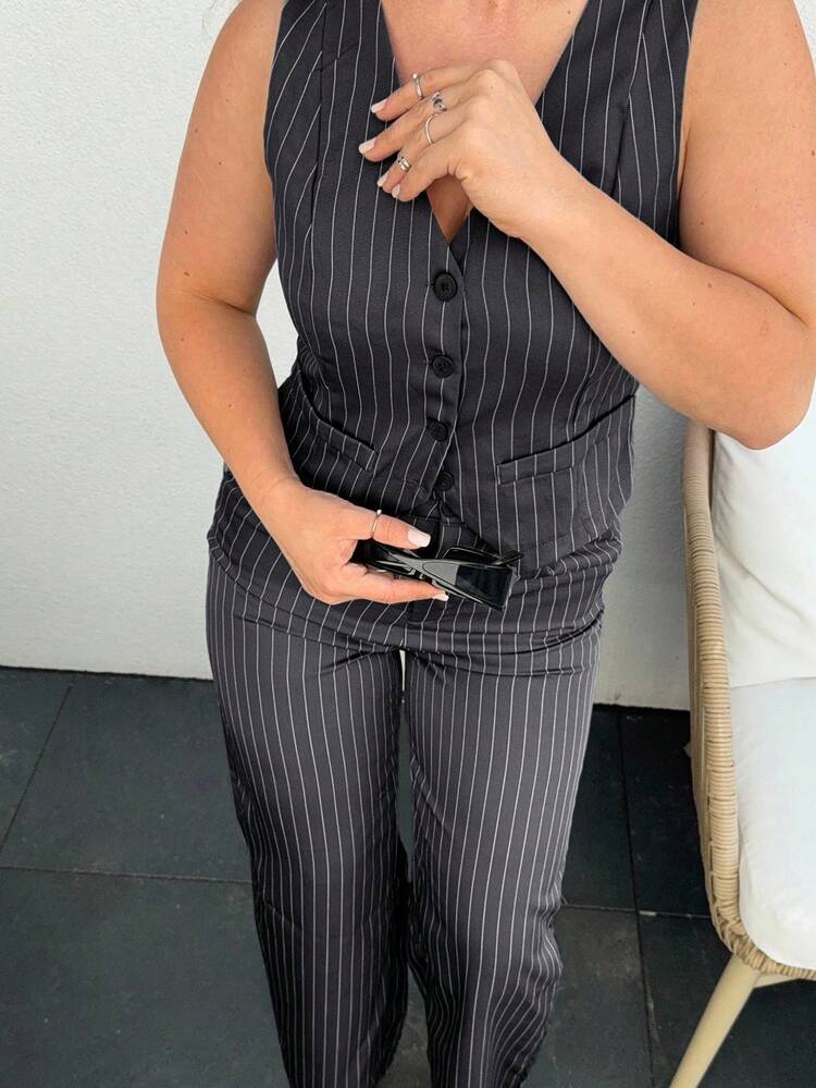Jeta Ari Women's Casual Striped Blazer Vest And Suit Pants Set - Black - View 9