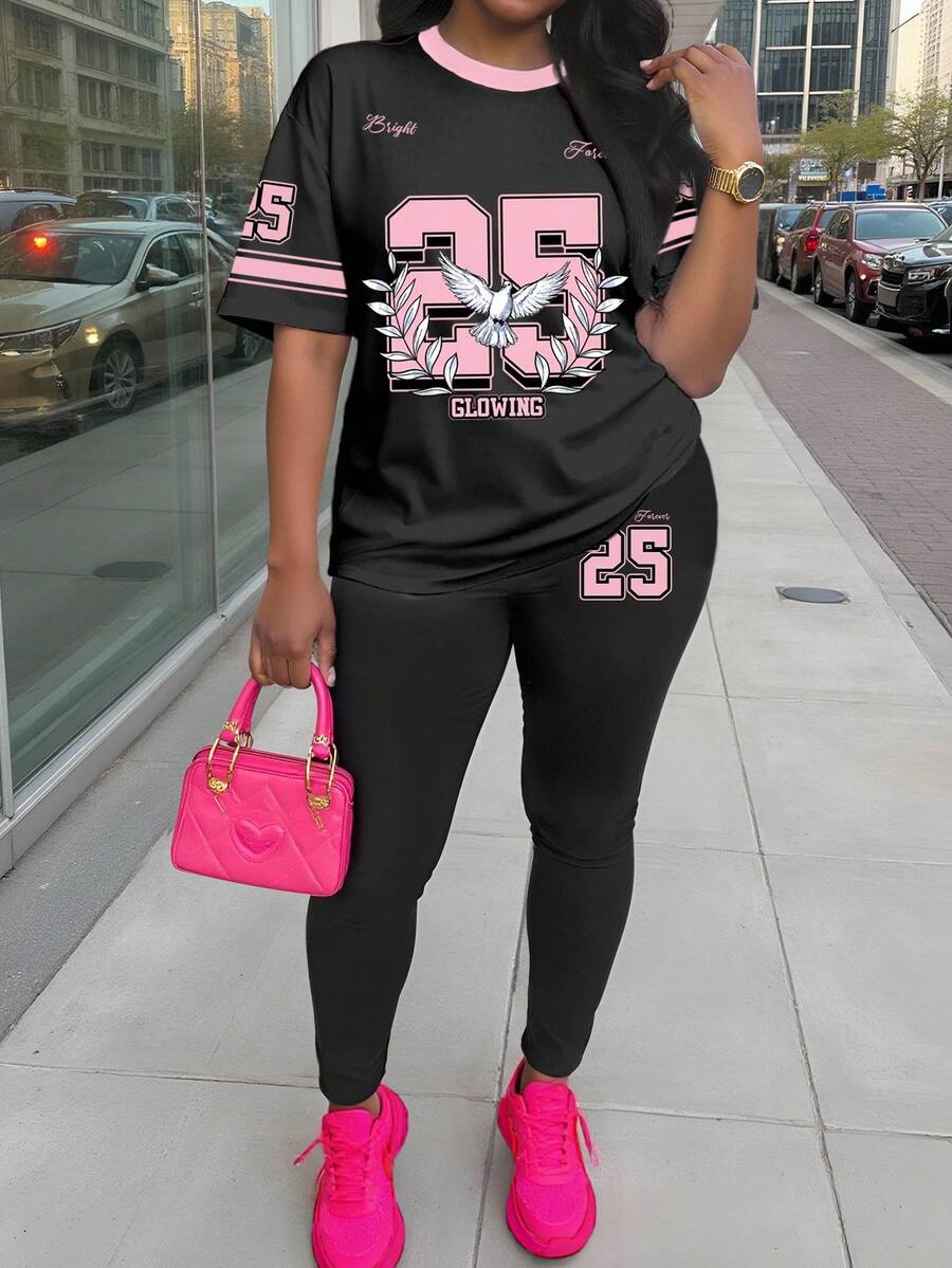 SHEIN 2pcs Women Casual Creative Number 28 Contrast Color Print T-Shirt And Leggings Set, Fall Outfit 2pc Clothing 2 Pieces Sets - Multicolor - View 1