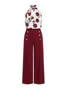 Ellevyn Women's Floral Print Ruffle Halter Top And Wide Leg Pants Elegant 2-Piece Set - Red Violet - View 9