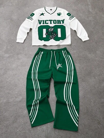 PAVTROS Manfinity Streetrush 2pcs/Set Men Street & College Style Knit Sweatshirt And Sweatpants, Round Neck Pullover Knit Sportswear And Wide Leg Sweatpants, 2 In 1 Sweatshirt With Interesting Cartoon Image And Big Number Design, Classic And Smooth Lines Add Dynamism And Fashionable Touch, Suitable For Daily Wear, Street Sports, Outdoor Leisure, Unisex, Holiday Gift