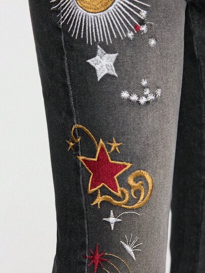 EDITION Jeans en denim mystérieux avec broderie de lune et d'étoiles pour femmes, Halloween