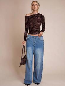 SHEIN BAE 女士时尚性感不对称领口提花网纱T恤，冬季、万圣节、圣诞节、新年、感恩节、性感夜店装扮，薄纱绒面上衣 - 棕色 - 查看 6