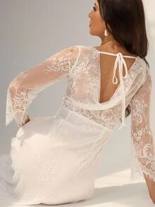 Chiquease 白色蕾丝连衣裙，露肩荷叶边领带设计，腰部荷叶边，优雅女士长裙，春秋季 - 白色 - 查看 1