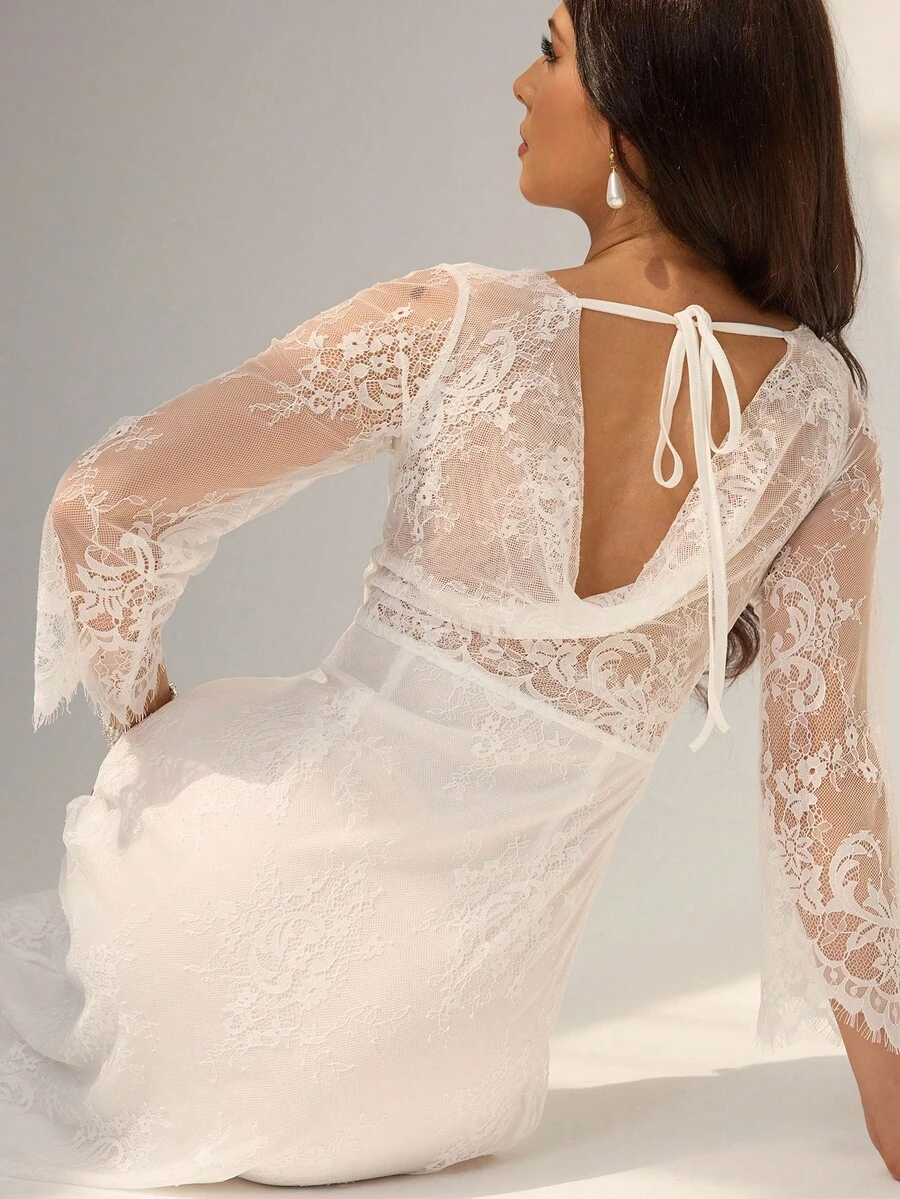 Chiquease 白色蕾丝连衣裙，露肩荷叶边领带设计，腰部荷叶边，优雅女士长裙，春秋季 - 白色 - 查看 1