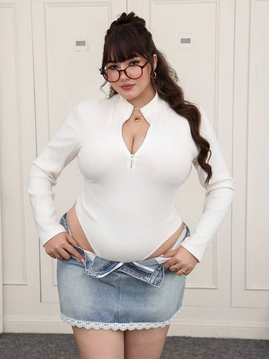 SHEIN EZwear Große Größen Stehkragen Halber Reißverschluss Langarm Gerippter Bodysuit - Weiss - Übersicht 1