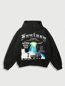 ROMWE MEN Street Life 男士休闲印花长袖连帽运动衫，秋季 - 黑色 - 查看 1