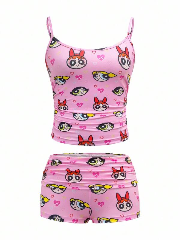 THE POWERPUFF GIRLS X SHEIN Ropa de mujer, conjunto de pijama con top de tirantes y shorts, estampado de flor, burbujas, Buttercup, estampado completo, estampado de corazón, Y2K, atuendo de concierto, atuendo de rave, festival, atuendo de concierto country, lindo, sexy, casual, Primavera/Verano 2025