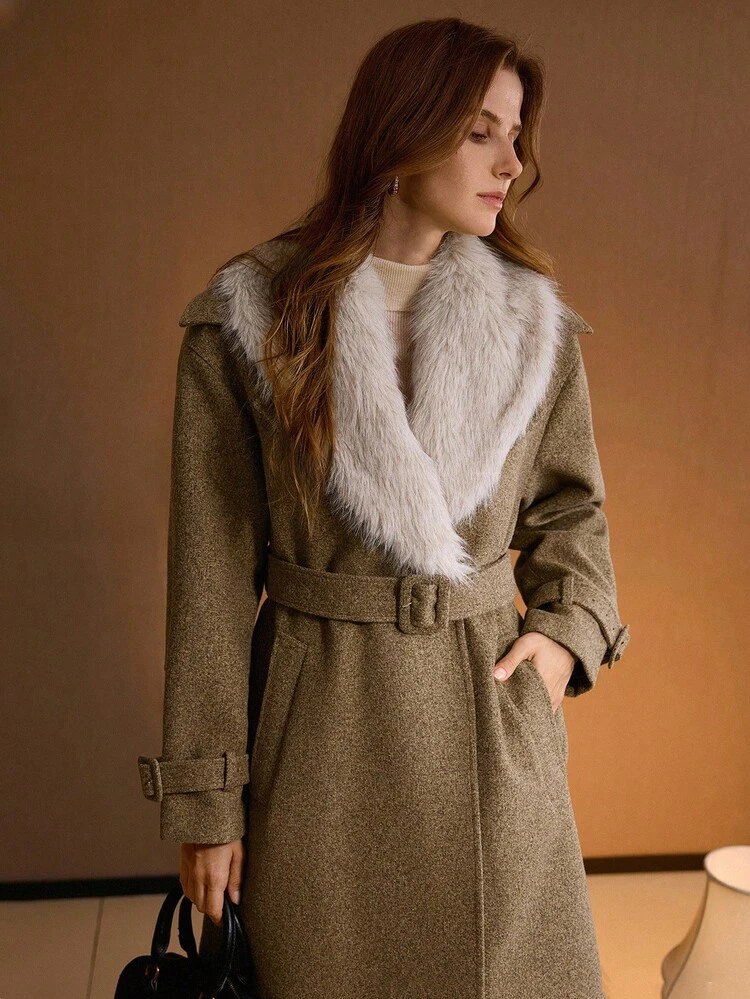 WOMEN'S FAUX FUR COLLAR LOOSE FIT WOOLEN OVERCOAT, AUTUMN/WINTER