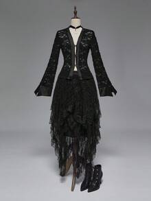 ROMWE EDITION Gothic Palace Castle Flocked Semi-Sheer Fitted Blouse For Women - Black - View 3