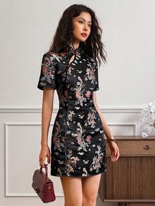 EastFlair 女式复古中国龙图案纽扣设计迷你连衣裙 - 黑色 - 查看 2