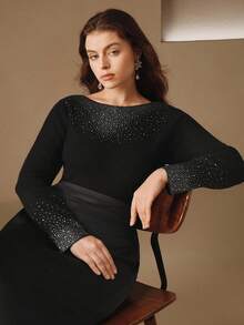 Anewsta Elegant Luxury Formal Chic Black Plus Size Rhinestone Embellished Off Shoulder Wool Sweater, Suitable For Fall/Winter, Christmas, New Year, Party - Black - View 1