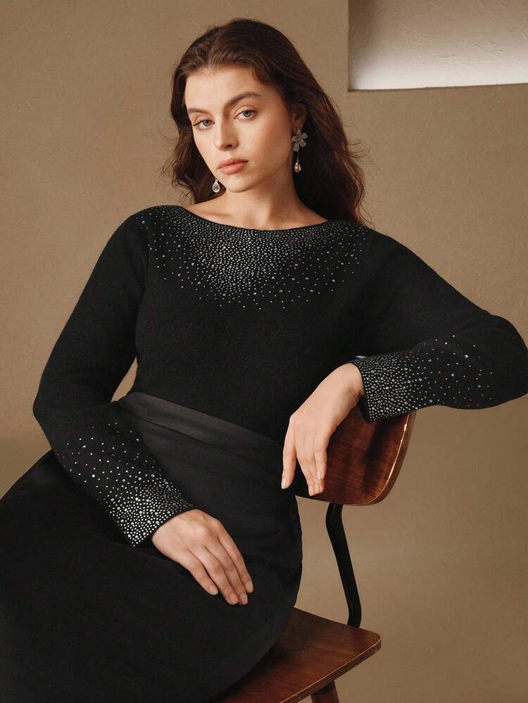 Elegant Luxury Formal Chic Black Plus Size Rhinestone Embellished Off Shoulder Wool Sweater, Suitable For Fall/Winter, Christmas, New Year, Party