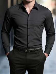 Manfinity Mode Men's Solid Color Single-Breasted Pocket Long Sleeve Casual Shirt, For Fall - Black - View 1