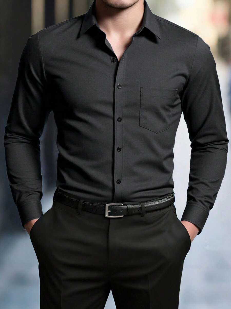 Manfinity Mode Men's Solid Color Single-Breasted Pocket Long Sleeve Casual Shirt, For Fall - Black - View 1