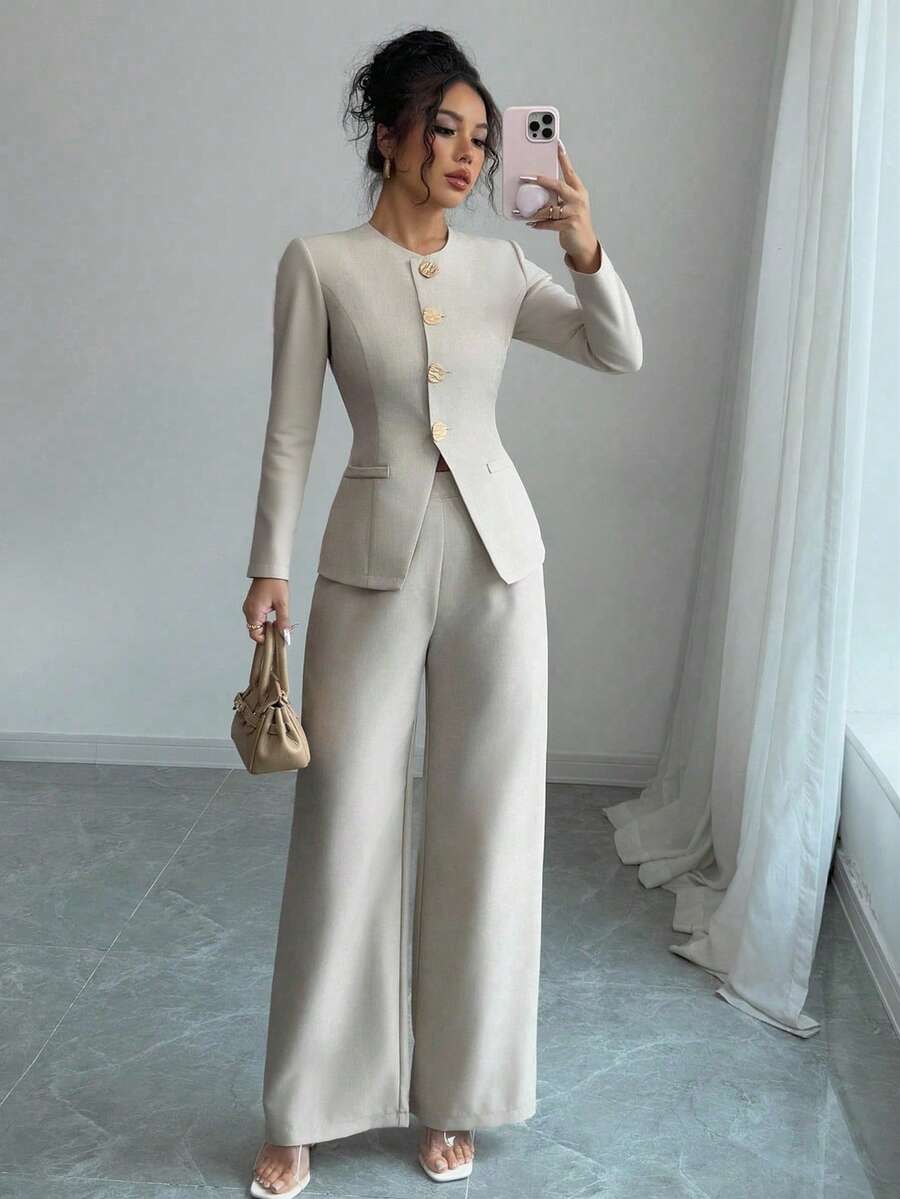 Rafferiza 女士优雅通勤长袖两件套 - 杏色 - 查看 1