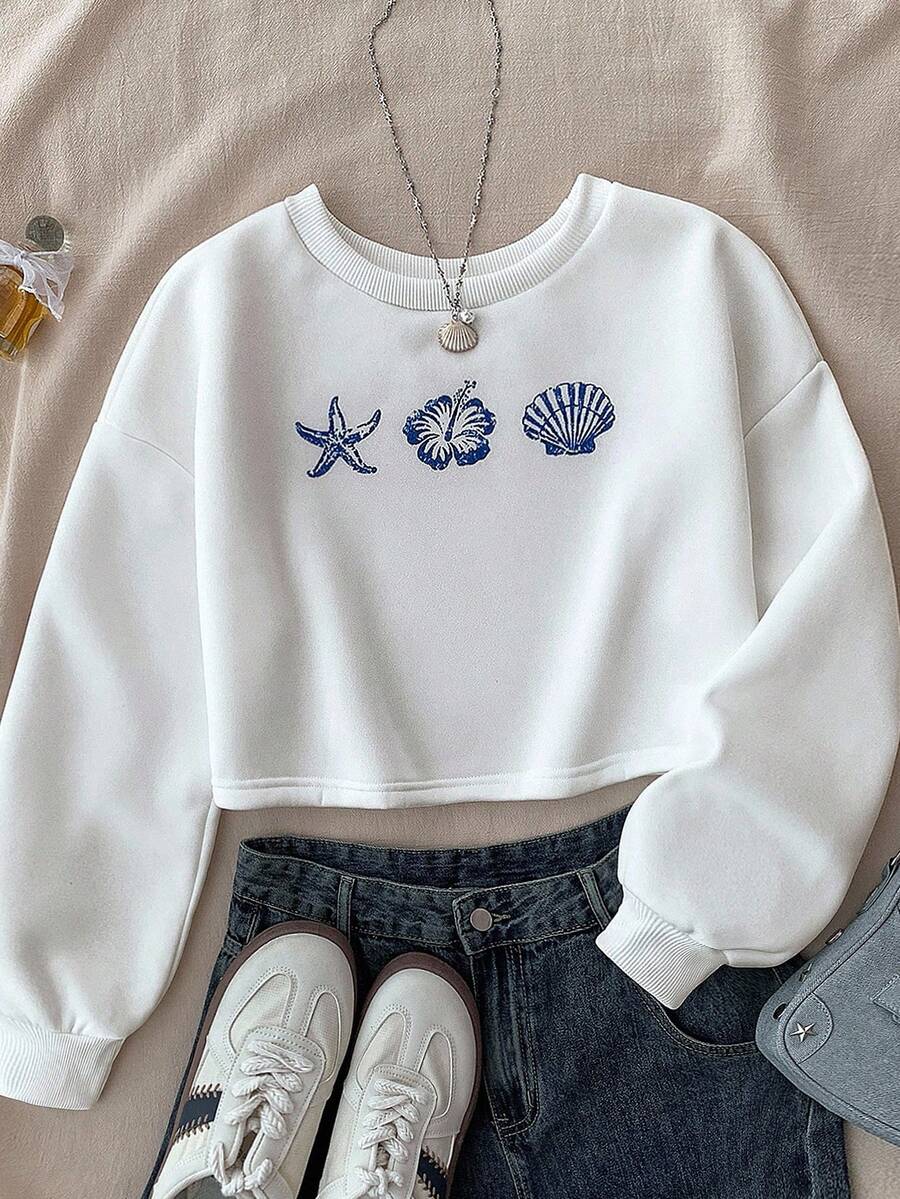 SHEIN 少女秋冬度假休闲花卉、海星和贝壳印花短款运动衫 - 白色 - 查看 1