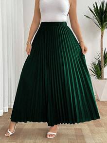 SHEIN Tall Elegant, avslappnad semesterkjol för kvinnor med lös plissering och resår i midjan, svart, plus size - Mörk Grön - Visa 6