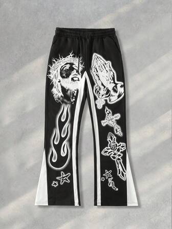 Goth Men's Contrast Color Patchwork Hand Gesture Cross Print Flared Sweatpants, Streetwear