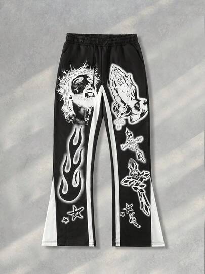 Goth Pantalones de chándal acampanados con estampado de gesto de mano y cruz de color contrastante, streetwear para hombre