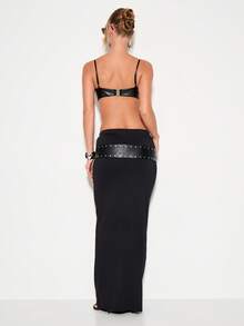 KIZN Bodycon Maxi Skirt With Wide Studded Belt Detail High Waisted Long Evening Formal Pencil Skirt - Black - View 2