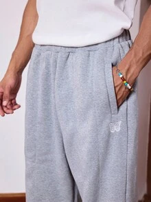 SWAVVY 男士蝴蝶刺绣灰色拼布休闲针织长裤 - 淺灰色 - 查看 5