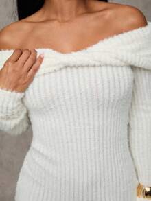 SHEIN BAE Vestido ajustado de manga larga con hombros descubiertos y unicolor de moda para mujer - Albaricoque - Ver 6