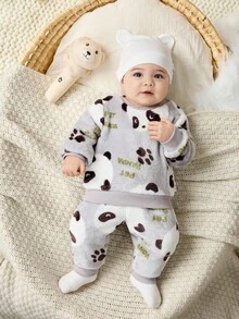 Cozy Pixies 新生男婴/女婴卡通熊猫印花圆领长袖连帽衫和松紧腰踝长裤两件套 - 灰色 - 查看 4