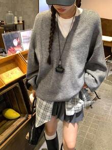 DAZY 女式V领纯色休闲街头风格宽松长袖毛衣 - 灰色 - 查看 4
