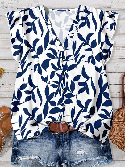 EMERY ROSE Women's Casual Floral Print Shirt, Suitable For Summer V Neck Blouses For Women Women Casual Tops Blue And White Top  Fall Tops Fall Clothes For Women Business Casual Woman