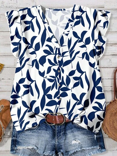 EMERY ROSE Women's Casual Floral Print Shirt, Suitable For Summer V Neck Blouses For Women Women Casual Tops Blue And White Top  Fall Tops Fall Clothes For Women Business Casual Woman