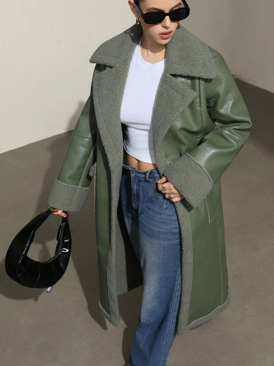 Aveloria Modichic Green Faux Shearling Plus Size Collar Cinched Waist Casual Jacket For Plus Size Women - Green - View 1