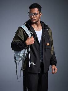 Men's Letter Graphic Color Block Drawstring Hooded Jacket, Casual For Autumn - Black - View 5