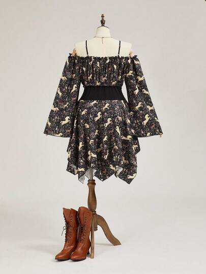 ROMWE Avant Plus Size Vintage Unicorn, Horse & Deer Floral Print Off Shoulder Flare Sleeve Asymmetrical Hem Drawstring Waist Dress