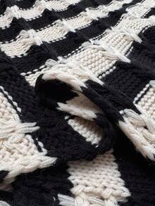 Sunspun Plus Size Women's Y2K Style Casual Black & White Striped Handmade Tasseled Knit Poncho Sweater, Suitable For All Seasons, Ideal For Vacation Outfits Fall Winter Cloth For Women Autumn