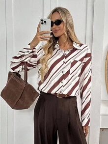 Easowa Asymmetrical Striped Print Casual Loose Commuter Vintage Style Women Shirt With Collar, Pocket, Button Front, Long Sleeve Striped Blouse Striped Shirt Diagonal Stripe Blouse Diagonal Stripe Shirt Office Blouse - Multicolor - View 5