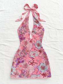 Soleia New Vacation Red Knitted Striped Halter Backless Mini Dress - Pink - View 4