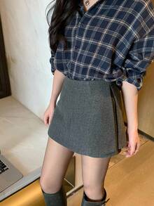 DAZY 女士二合一韩版半身裙，秋冬 - 灰色 - 查看 4