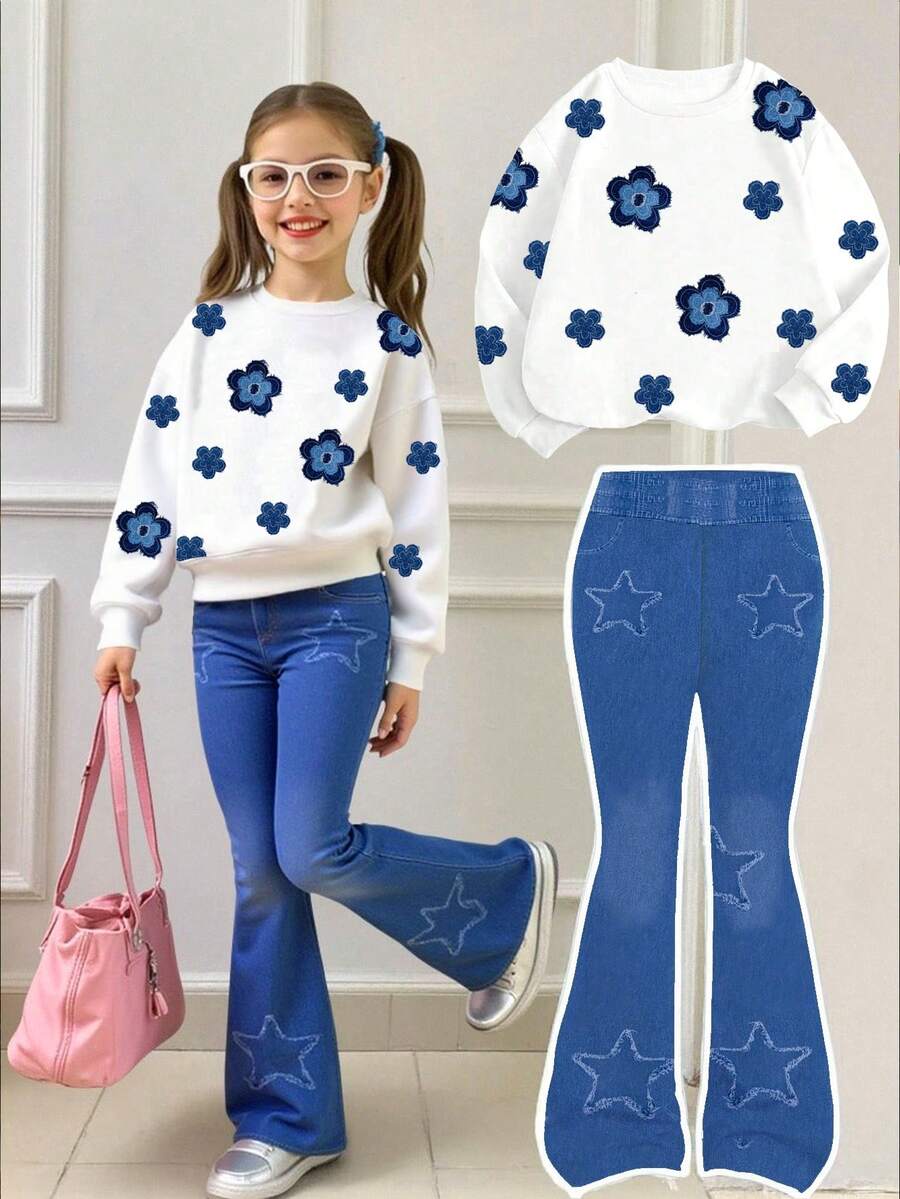 2 pezzi Set di felpa girocollo bianca e pantaloni a zampa con stampa floreale e di jeans per ragazze, adatto per autunno/inverno, look casual, all'aperto e per la scuola