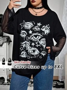 SHEIN CURVE+ Áo thun tay dài in hình mắt Gothic cỡ lớn cho nữ, màu tương phản, họa tiết đầu lâu cho ngày lễ Halloween cỡ lớn/Mùa thu/Đông - màu đen - Xem 1