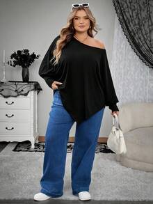 SHEIN CURVE+ Áo thun nữ dáng rộng tay cánh dơi viền bất đối xứng màu trơn vai chéo dáng rộng thường ngày cỡ lớn, quần áo mùa thu cho nữ, mùa đông, đường cong quyến rũ, Halloween/mùa thu/mùa đông - màu đen - Xem 7