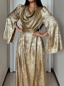 Modelyn Autumn/Winter Woven Gold Foil Shiny Draped Neck Tie-Waist Loose Split Hem Long Sleeve A-Line Dress, Fashionable & Elegant For Outings, Parties, Gatherings