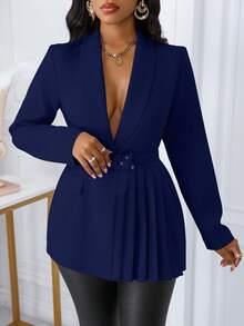 SHEIN Unity Women's Shawl Neck Cinched Waist Button Pleated Design Blazer - Navy Blue - View 6