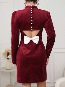 Modelyn Elegant Velvet Bowknot Long Sleeve Mini Dress For Women, Red Dress Women,Elegant Dresses For Ladies,Dress For Wedding Guest,Party Dress,New Year Dress,Christmas Clothes For Women,Autumn Clothes For Women,Winter Clothes