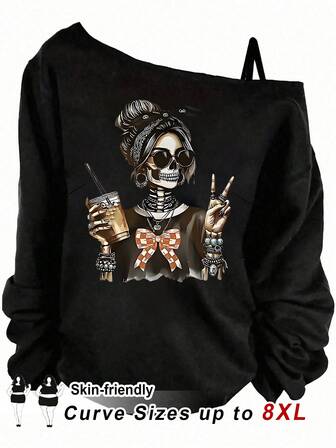 SHEIN CURVE+ Plus Size Casual Minimalistisk Enaxlad Långärmad T-shirt, Halloween T-shirt/Höst/Vinter