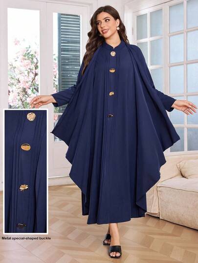 SHEIN Najma 女式立领长袖宽松优雅拼接金属装饰纽扣保守大码阿拉伯长裙